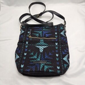Lucky Brand Purse‎ Bucket Bag Crossbody Aztec Geometric Tapestry Black Blue